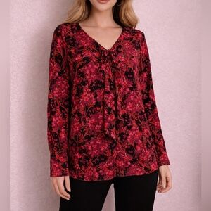 ROZ & ALI Fairycore Floral Chiffon Jabot Long Sleeve Blouse